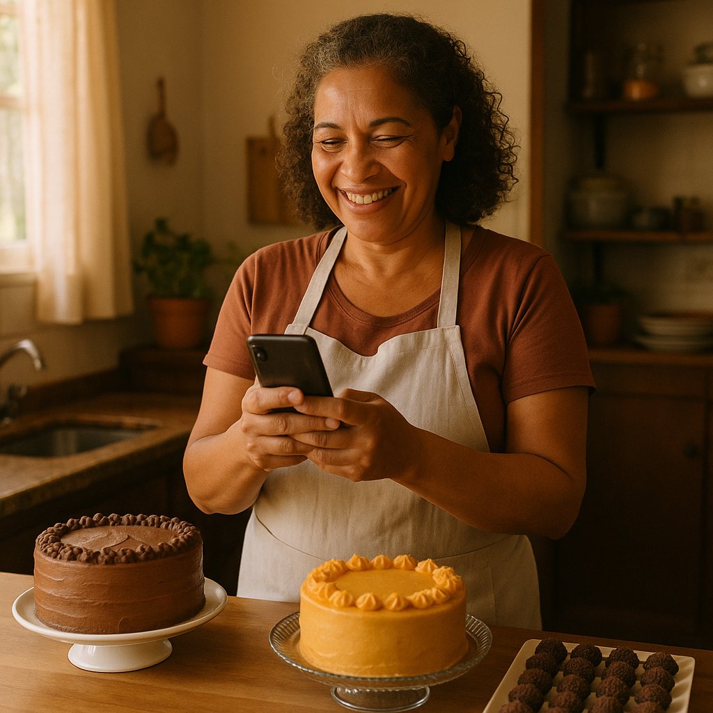 Maria in her bakery checking a PIX payment received on her phone