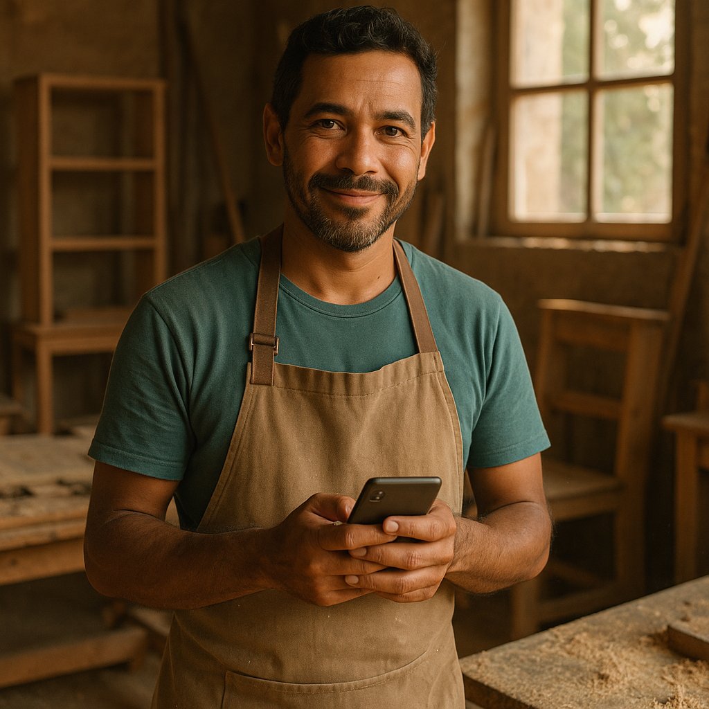 Marcos in his woodshop receiving payment for a piece of furniture on his phone