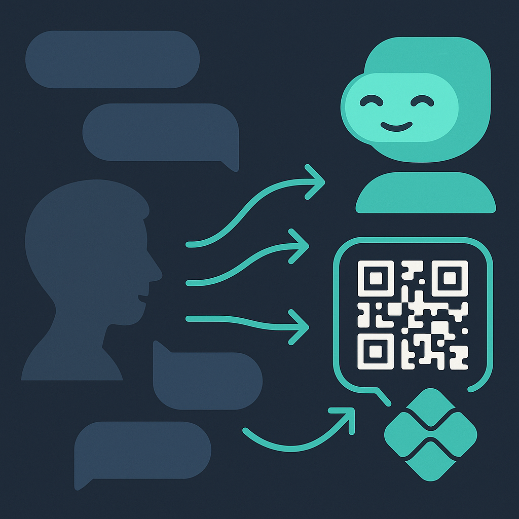 Diagrama: pessoa conversando com assistente AI, que gera um QR Code de pagamento
