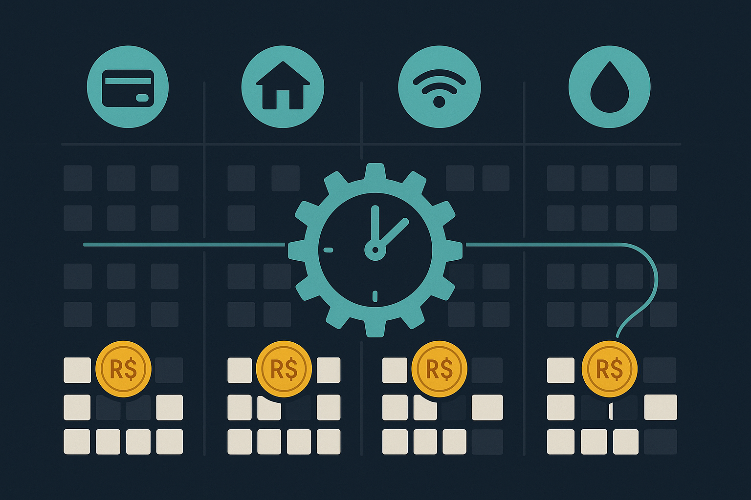 Calendário com 4 meses mostrando cobrança recorrente automática conectada por uma engrenagem