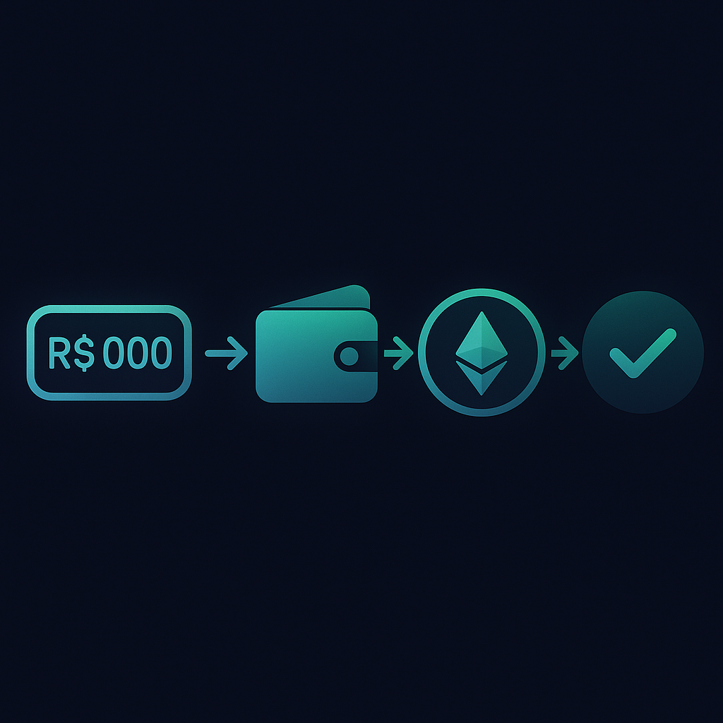 Diagrama de 4 etapas: valor BRL → wallet PixGo → token cripto → checkmark de confirmação