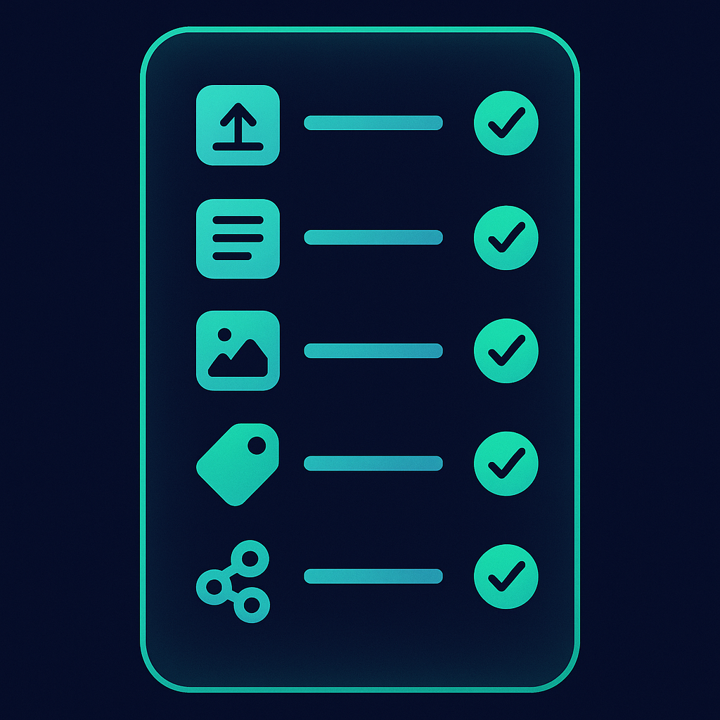 Checklist visual de setup: upload logo, descrição, imagens, frete, cupons, redes sociais