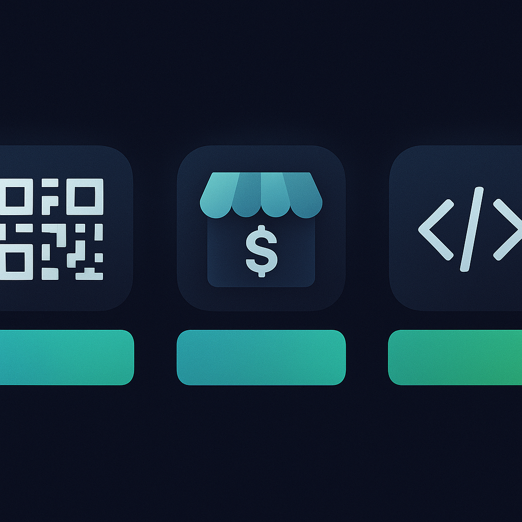 3 colunas comparando QR avulso, Minha Loja link permanente, e API pra geração de link de pagamento