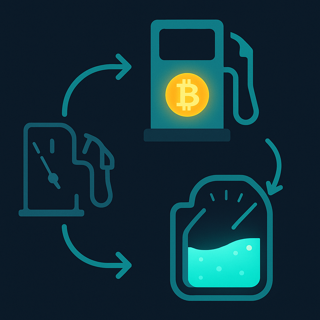 Fluxo da Gas Station: tanque vazio se conectando à estação e voltando cheio de L-BTC