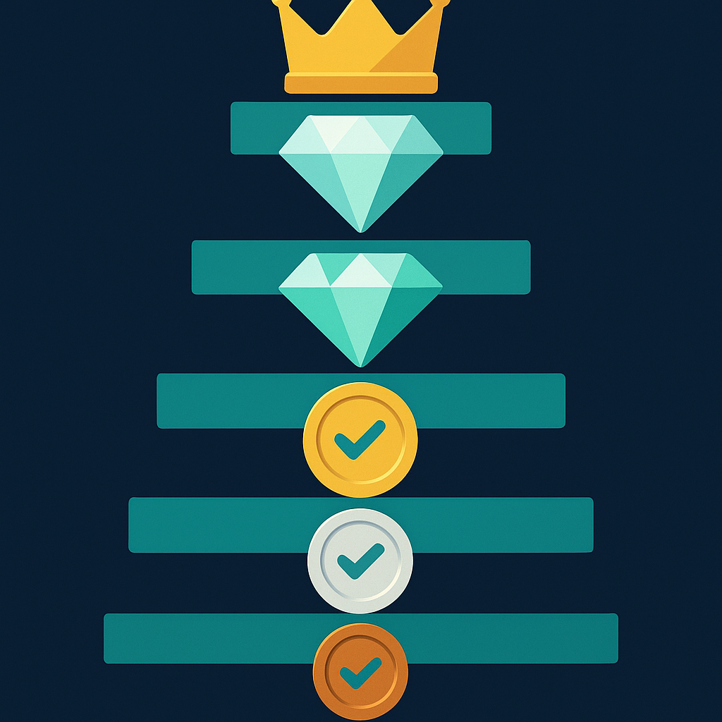 Pirâmide dos 7 níveis da PixGo: Iniciante, Bronze, Prata, Ouro, Platina, Diamante, Elite (coroa no topo)