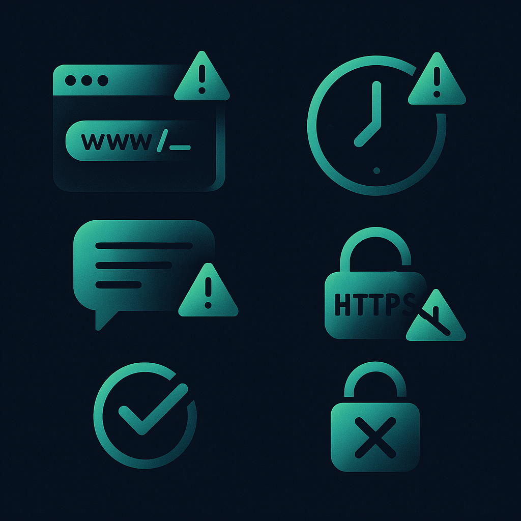 Grid de 6 ícones de alerta de fraude: URL falso, mensagem suspeita, relógio urgência, logo errado, cadeado sem-https riscado
