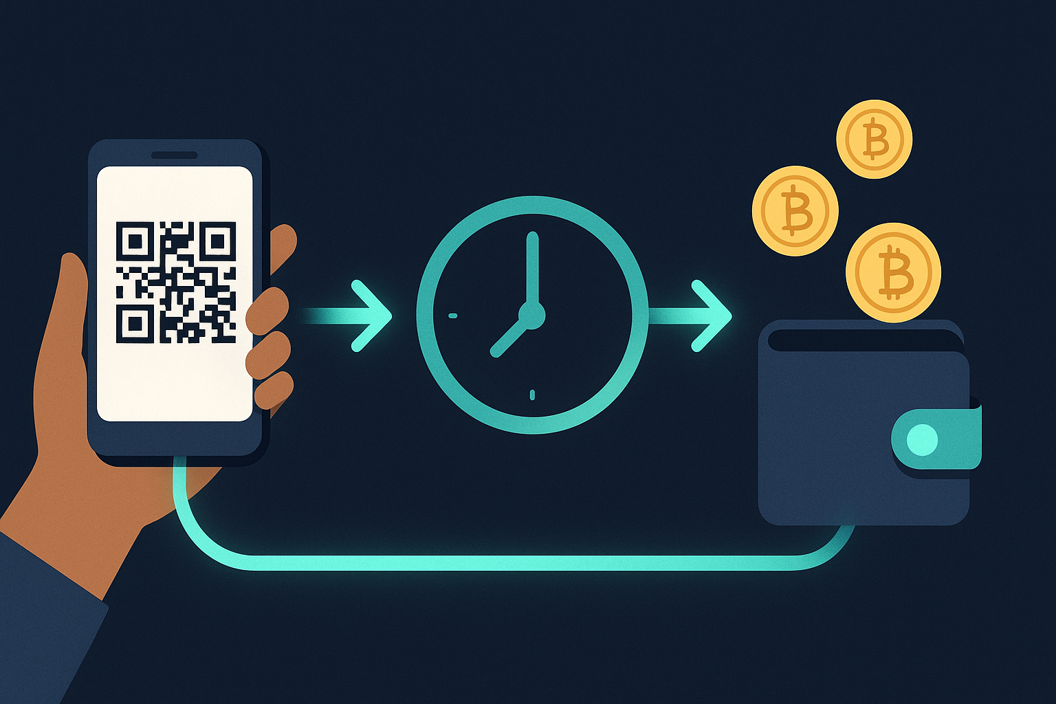 Fluxo do pagamento: cliente paga PIX no QR Code → relógio simbolizando D+1 → DEPIX cai na sua carteira Liquid