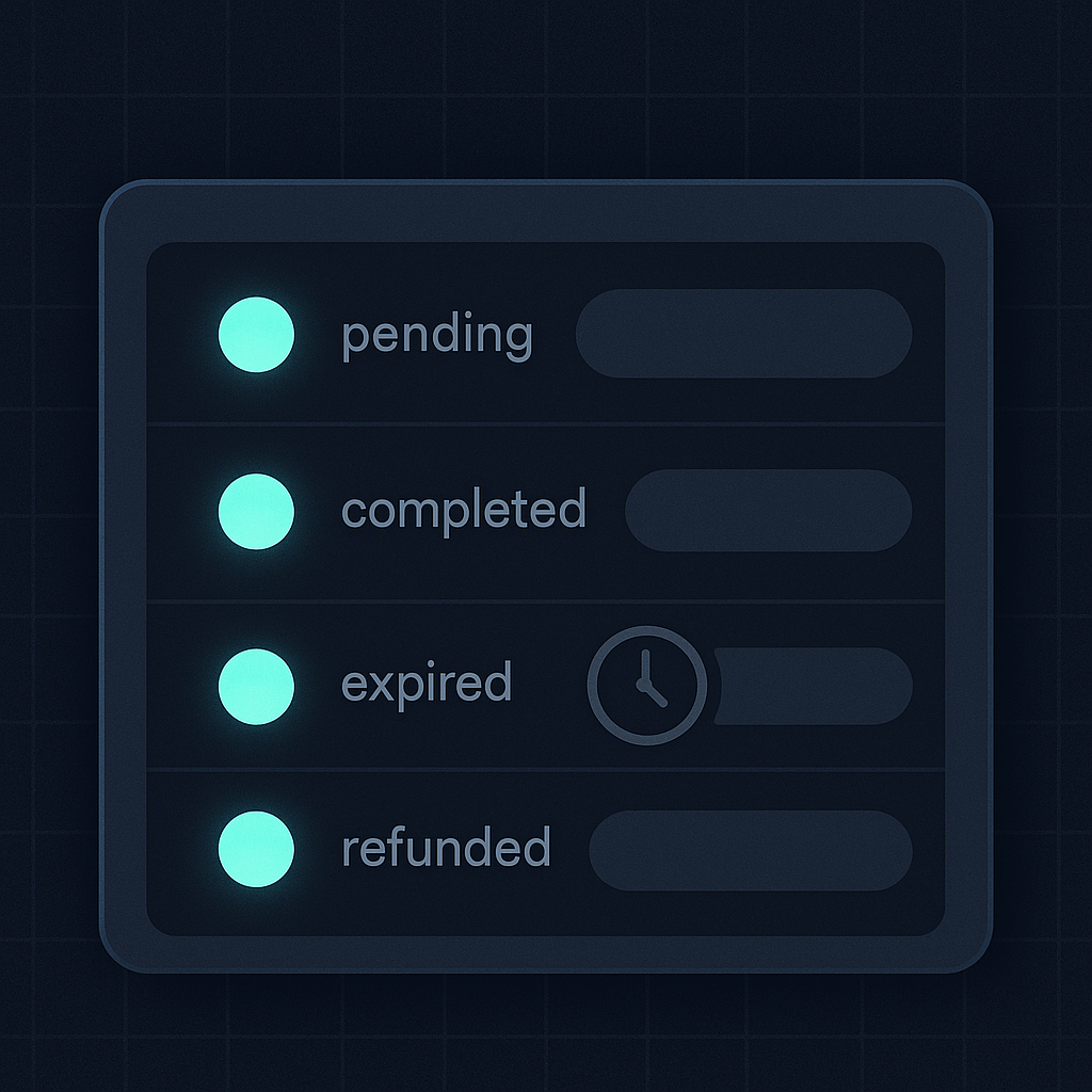 Os 4 status possíveis de uma transação PixGo: pending, completed, expired, refunded