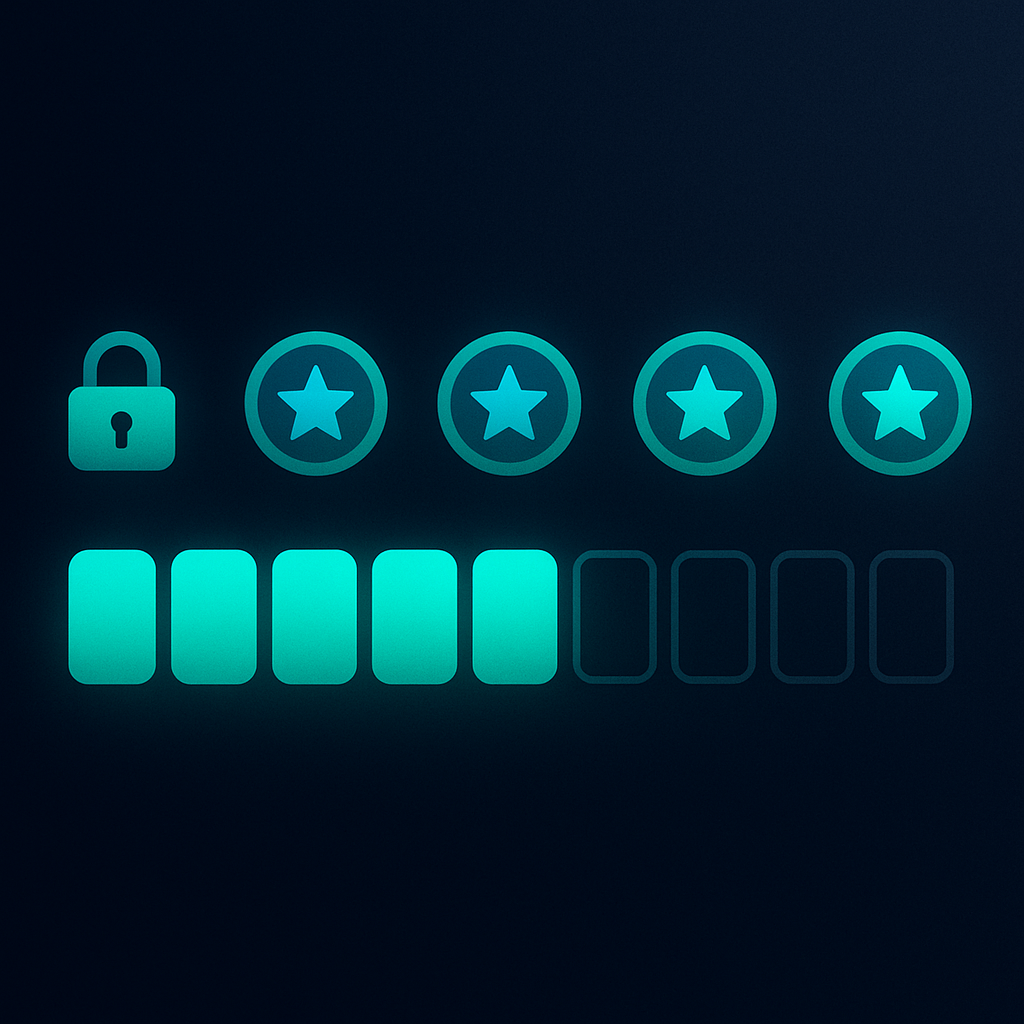 Barra de progressão dos 7 níveis com badges sequenciais e ícones de desbloqueio