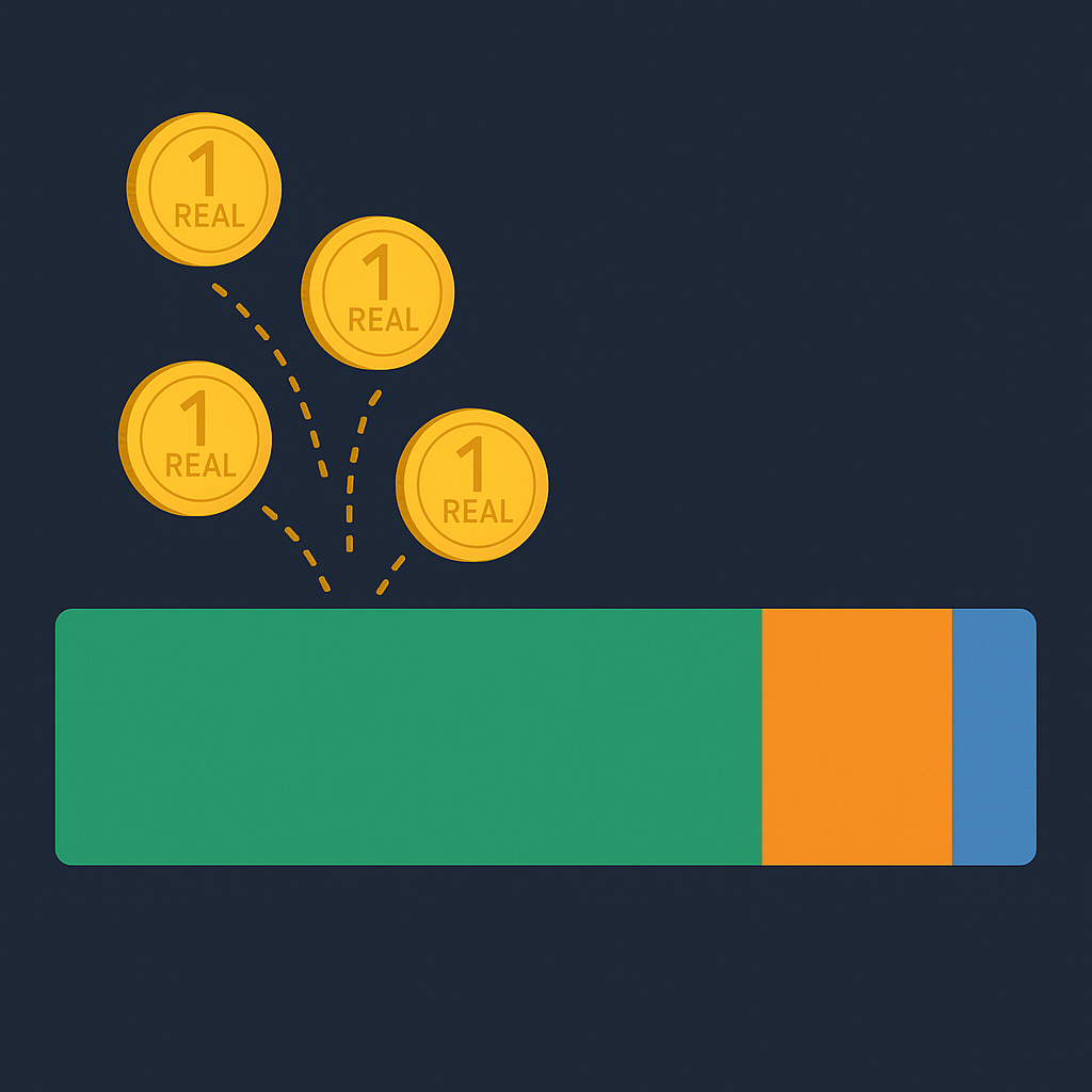 Breakdown visual mostrando como o valor de uma venda é dividido entre o valor líquido recebido e as taxas