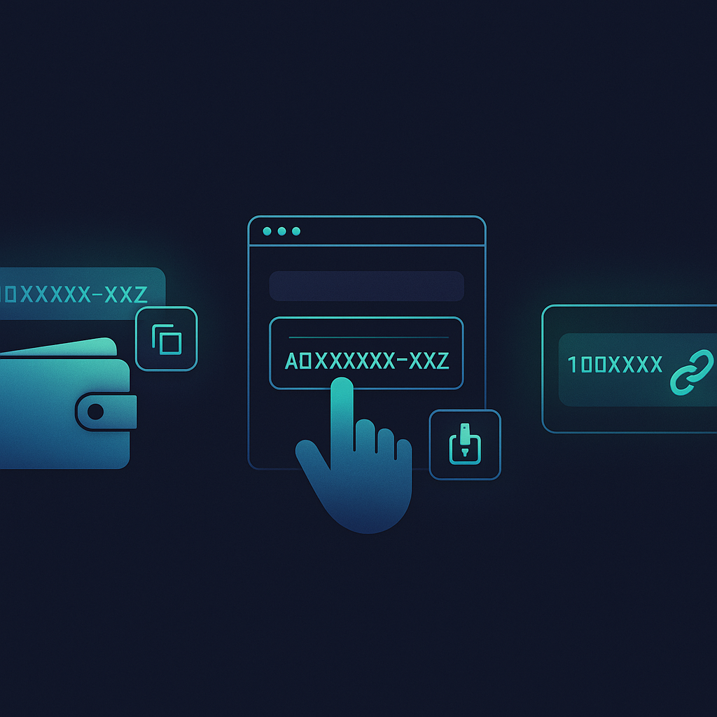 Fluxo 3 passos: copiar endereço externo, colar no Dashboard PixGo, confirmação com ícone de link verde