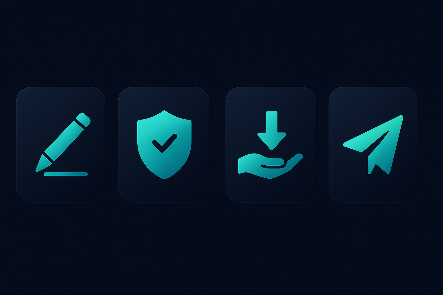 4 cards de primeiros passos na horizontal: criar, salvar seed, receber, enviar com ícones simples