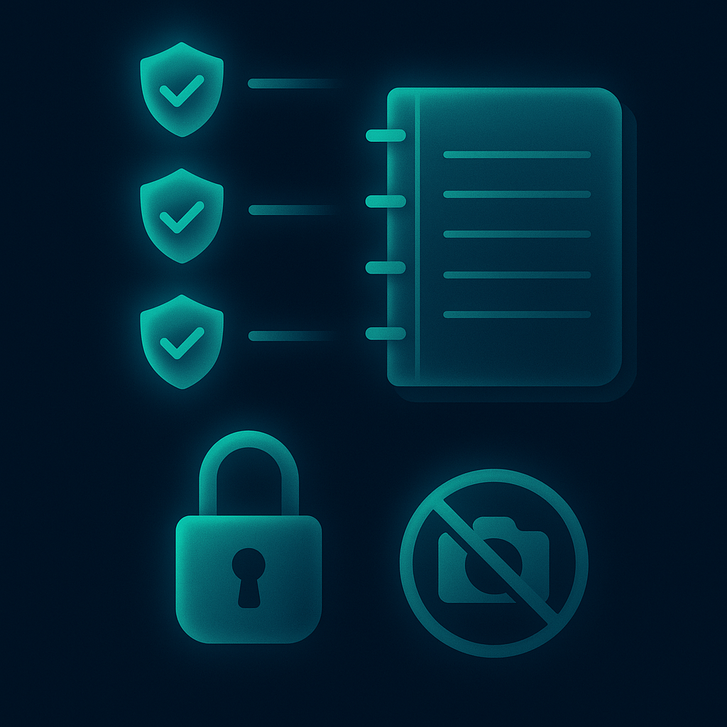 Checklist vertical de segurança com ícones de shield checkmarks, padlocks, notebook de seed backup, alerta de não-screenshot