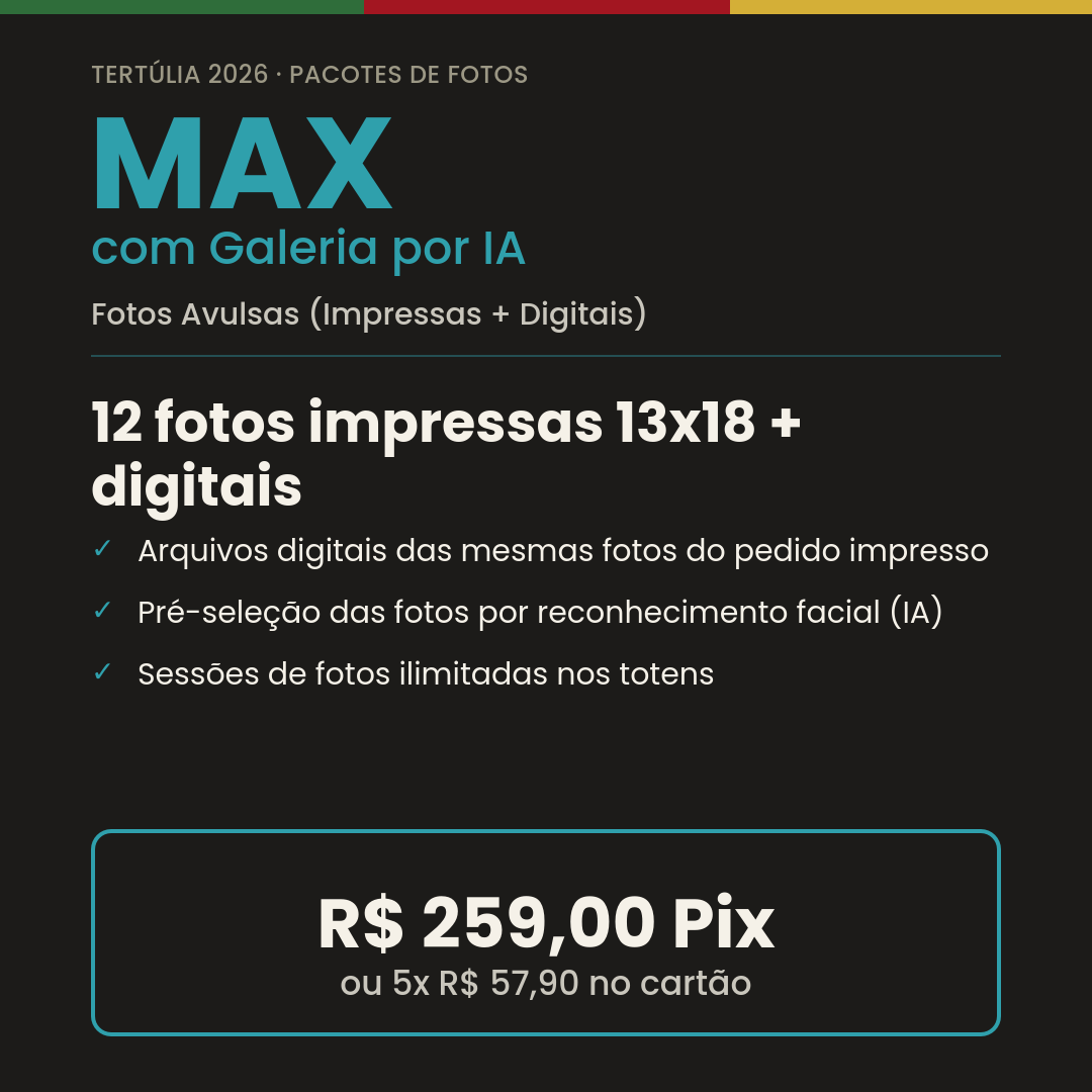 Pacote Max com Galeria por IA - Tertúlia 2026 - 12 fotos impressas e digitais